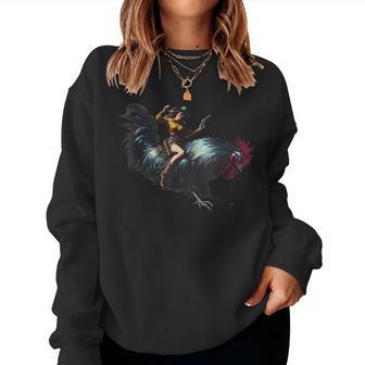 Cowgirl Riding Chicken Retro Rodeo Rooster Women Sweatshirt - Thegiftio