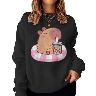 Cute Capybara On Pool Float Drinking Bubble Tea Lover Girls Women Sweatshirt - Thegiftio UK