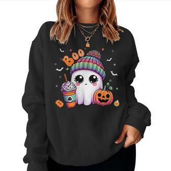Cute Ghost Boo Drinking Pumpkin Spice Coffee Halloween Women Sweatshirt - Thegiftio UK