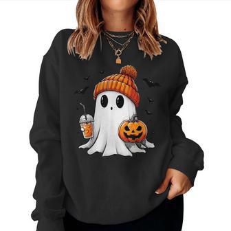 Cute Ghost Drinking Coffee Halloween Ghost Ice Coffee Women Sweatshirt - Thegiftio UK