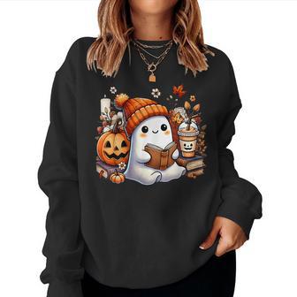 Cute Ghost Ice Drinking Coffee Halloween Book Reading Womens Women Sweatshirt - Thegiftio UK