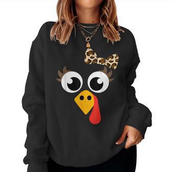 Cute Turkey Face With Leopard Bow For Thanksgiving Girl Women Sweatshirt - Thegiftio UK
