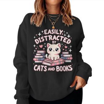 Easily Distracted By Cats And Books Cat Girls Women Sweatshirt - Thegiftio UK