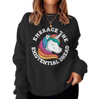 Embrace Existential Dread Slogan Rainbow Unicorn Nihilism Women Sweatshirt - Thegiftio UK