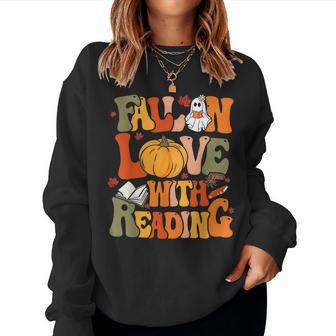 Fall In Love With Reading Book Autumn Pumpkins And Teachers Women Sweatshirt - Thegiftio UK