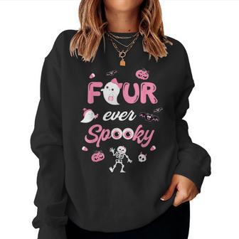 Four Ever Spooky Halloween Ghost 4Th Birthday Girl Bow Ghost Women Sweatshirt - Thegiftio UK