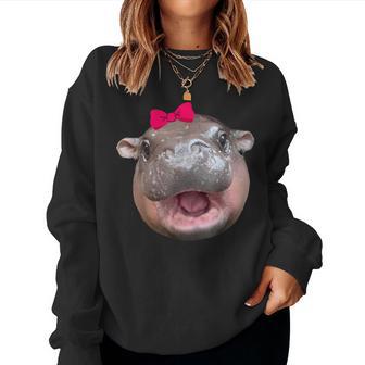 Moo Deng Hippo Cute Baby Pygmy Coquette Pink Bow Women Women Sweatshirt - Thegiftio UK