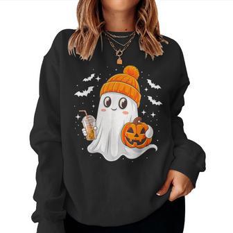 Ghost With Coffee Beanie And Pumpkin Halloween Costume Women Sweatshirt - Thegiftio UK