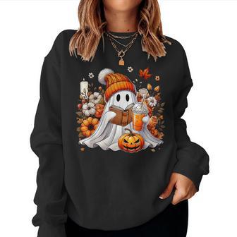 Ghost Drinking Coffee Book Reading Halloween Pumpkin Flower Women Sweatshirt - Thegiftio UK