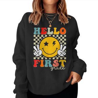 Groovy Hello First Grade Retro Team 1St Grade Back To School Women Sweatshirt - Thegiftio UK