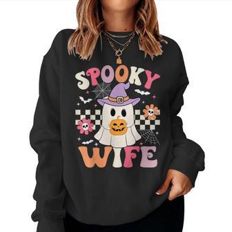 Groovy Spooky Wife Retro Ghost Holding Pumpkin Halloween Women Sweatshirt - Thegiftio UK