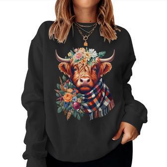 Highland Cow Wearing Flowers Floral Scarf Costume Farmer Women Sweatshirt - Thegiftio UK