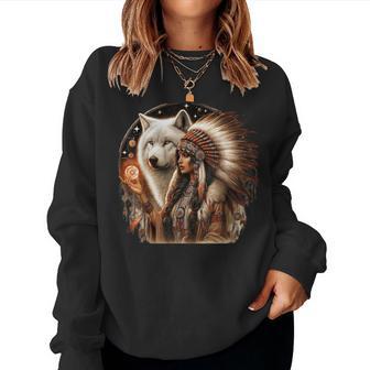 Indian Native American Woman With White Wolf Vitage Women Sweatshirt - Thegiftio UK