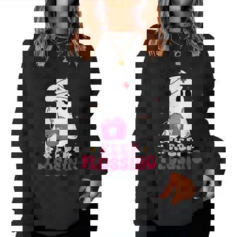 Keep Flossing Ghost Groovy Dental Hygiene Halloween Crew Women Sweatshirt | Mazezy