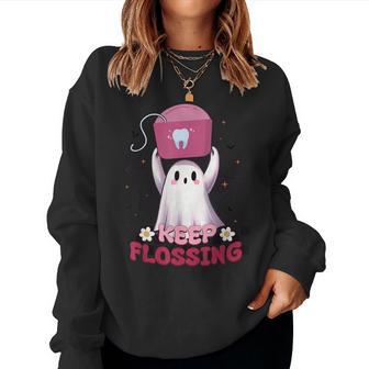 Keep Flossing Ghost Groovy Dental Hygiene Halloween Crew Women Sweatshirt - Thegiftio UK