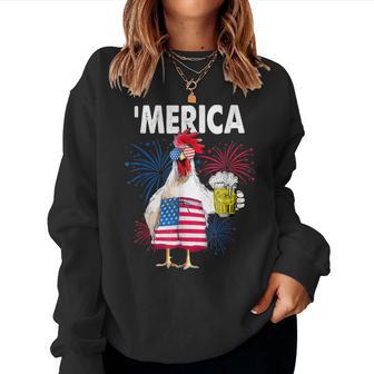 Merica Chicken With Beer Usa American Flag 4Th Of July Women Sweatshirt - Thegiftio UK
