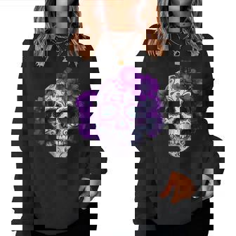 Purple Floral Black Sugar Skull Day Of The Dead Mexican Pray Women Sweatshirt - Monsterry