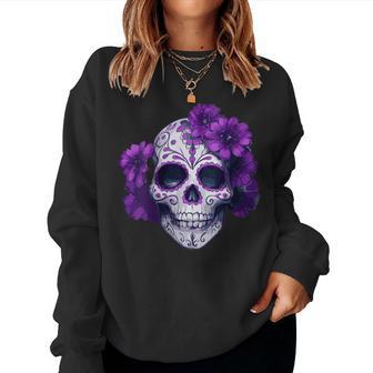 Purple Floral Black Sugar Skull Day Of The Dead Mexican Pray Women Sweatshirt - Thegiftio UK