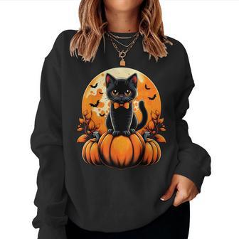Retro Black Cat Pumpkin Halloween Costume Fall Autumn Season Women Sweatshirt - Thegiftio UK