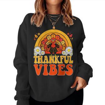 Retro Thankful Vibes Cute Turkey Rainbow Thanksgiving Women Sweatshirt - Thegiftio UK