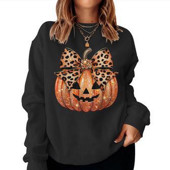 Sparkly Pumpkin Leopard Coquette Bow Pumpkin For Girls Women Sweatshirt - Thegiftio UK