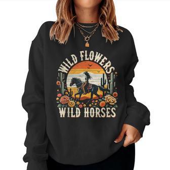 Sunset Cowgirl Riding Horse Wild Flowers Wild Horses Women Sweatshirt - Thegiftio UK
