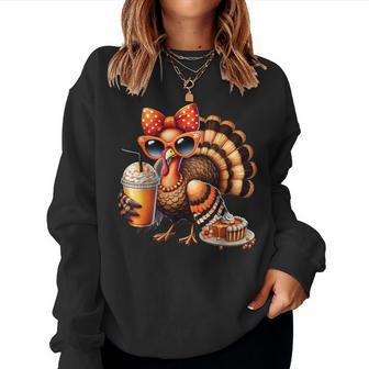 Turkey Drinking Coffee Bow Thanksgiving Turkey Day Women Sweatshirt - Thegiftio UK