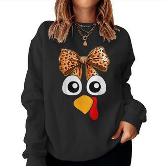 Turkey Face Coquette Bow Leopard Thanksgiving Pilgrim Women Sweatshirt - Monsterry