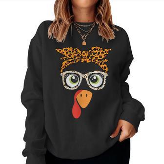 Turkey Face Girl Leopard Thanksgiving Turkey Glasses Girls Women Sweatshirt - Monsterry