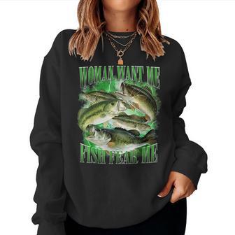 Vintage Want Me Fish Bass Fear Me Lover Fishing Women Sweatshirt - Thegiftio UK