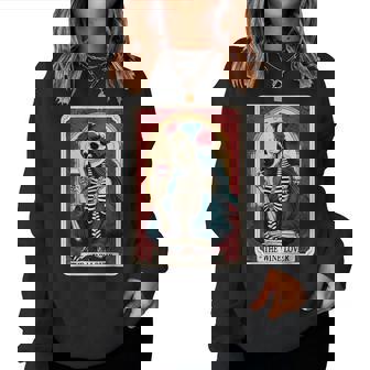 Wine Lover Tarot Card Skeleton Drinking Wine Goth Halloween Women Sweatshirt - Monsterry