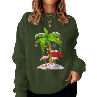 Flamingo Santa Hat Palm Tree Merry Christmas Lights Women Sweatshirt - Thegiftio UK