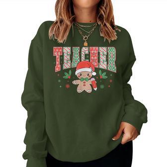 Retro Teacher Christmas Gingerbread Teacher Xmas Holiday Women Sweatshirt - Thegiftio UK