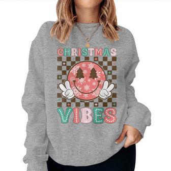 Groovy Christmas Vibes Happy Smile Face Xmas Holiday Women Sweatshirt - Thegiftio UK