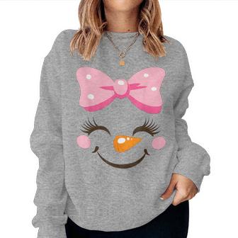 Pink Bow Snowman For Girls Cute Snowgirl Face Christmas Women Sweatshirt - Seseable