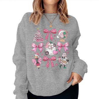 Pink Santa Teacher Christmas Coquette Bow Pencil Santa Women Sweatshirt - Thegiftio UK