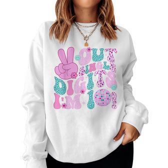 10 Year Old Girl Birthday Groovy Peace Out Single Digits Women Sweatshirt - Thegiftio UK