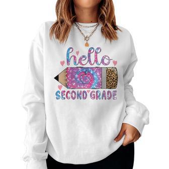 Back To School Hello Second 2Nd Grade Leopard Tie Dye Pencil Women Sweatshirt - Thegiftio UK