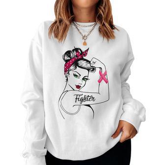 Cute Fighter Messy Bun Breast Cancer Awareness Pink Ribbon Women Sweatshirt - Thegiftio UK