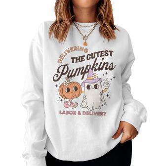 Delivering Cutest Little Pumpkins Groovy L&D Nurse Halloween Women Sweatshirt - Thegiftio UK