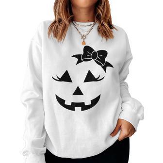 Fun Jack O Lantern Pumpkin Face Eyelashes Bow Halloween Girl Women Sweatshirt - Thegiftio UK