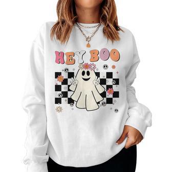 Hey Boo Halloween Girl Toddler Cute Ghost Groovy Women Sweatshirt - Monsterry