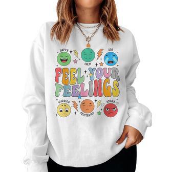Groovy Feel Your Feelings School Counselor Mental Health Women Sweatshirt - Thegiftio UK