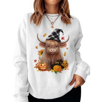 Halloween Highland Cow Witchy Cow Spooky Pumpkin Hello Fall Women Sweatshirt - Thegiftio UK