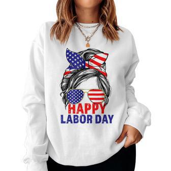 Happy Labor Day For Labor Day Messy Bun Usa Flag Women Sweatshirt - Thegiftio UK