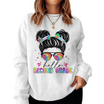 Hello Second Grade Messy Bun Tie Dye Back To School Women Sweatshirt - Thegiftio UK