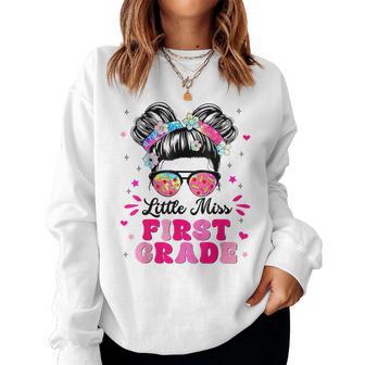Little Miss First Grade Messy Bun 1St Grade Girl Teacher Women Sweatshirt - Thegiftio UK