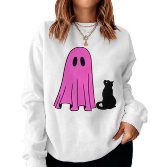 Pink Ghost And Black Cat Halloween Fall Season Women Sweatshirt - Thegiftio UK