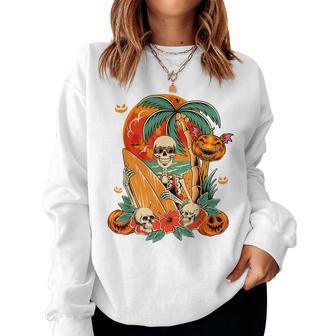 Skeleton Surfer Halloween Hawaiian Floral Carved Pumpkins Women Sweatshirt - Thegiftio UK