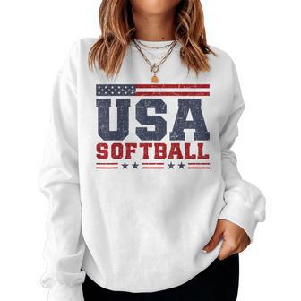 Softball Usa American Flag Patriotic Softball Fan Women Sweatshirt - Thegiftio UK